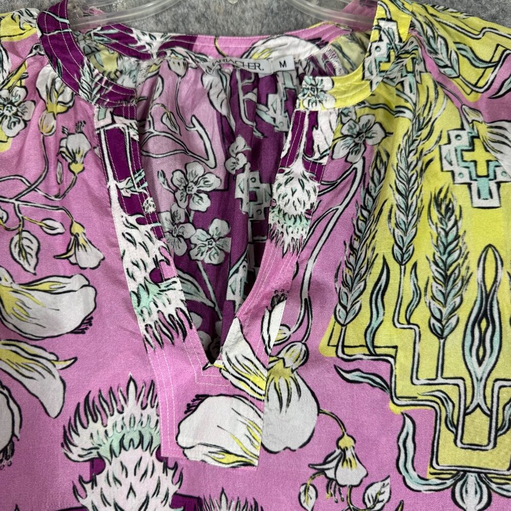 Mariacher PInk Luli Blouse 100% Silk Floral Short Sleeve Ruffled V Neck Sz M - Picture 6 of 13